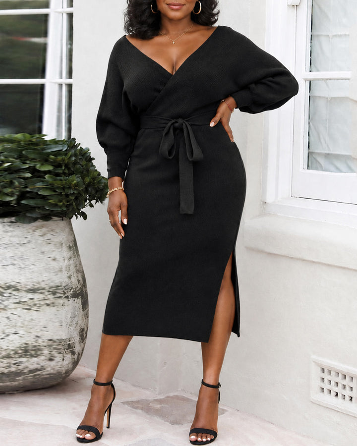 Women's Wrap V Neck Midi Knit Dress