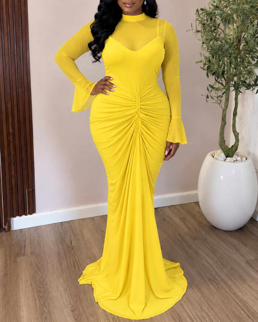High Quality Women Mock Neck Mesh Mermaid Maxi Evening Gown