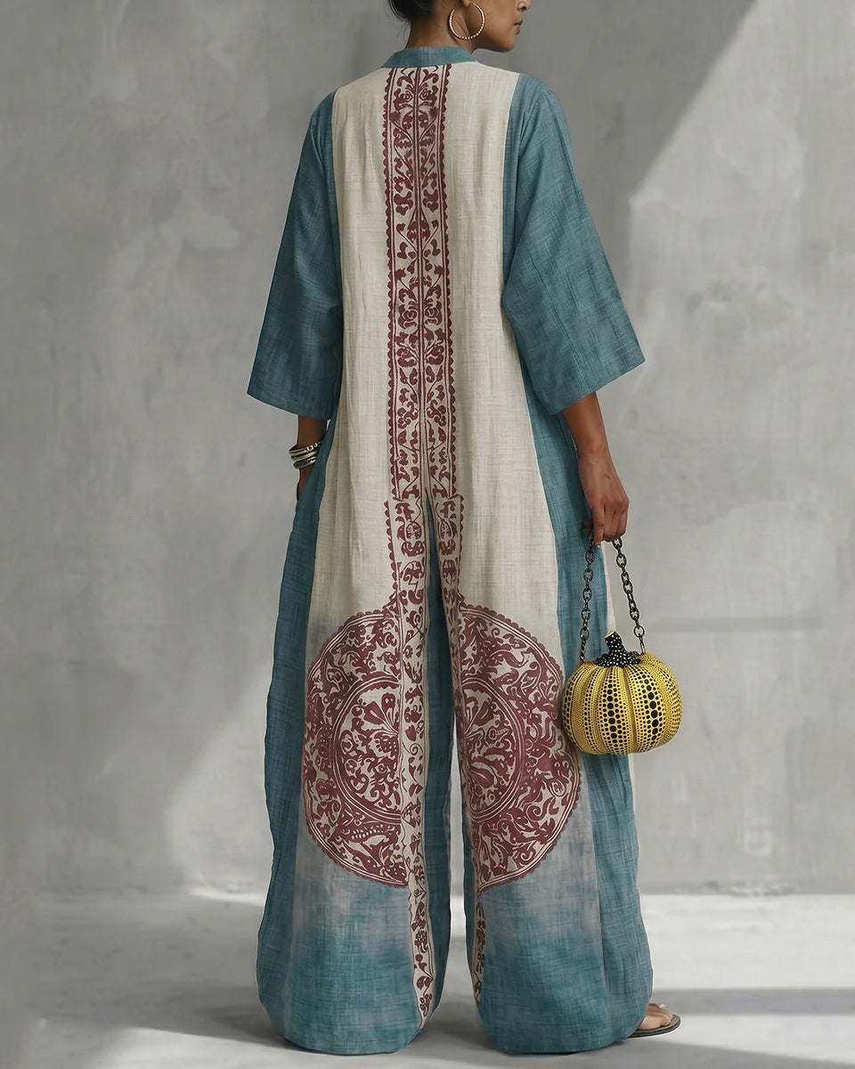 Loose Three-Quarter Sleeves Contrast Color Ethnic Printed Pockets V-Neck Jumpsuits