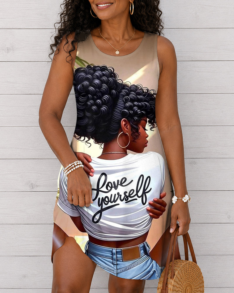 Love Yourself Round Neck Sleeveless Mini Casual Dress