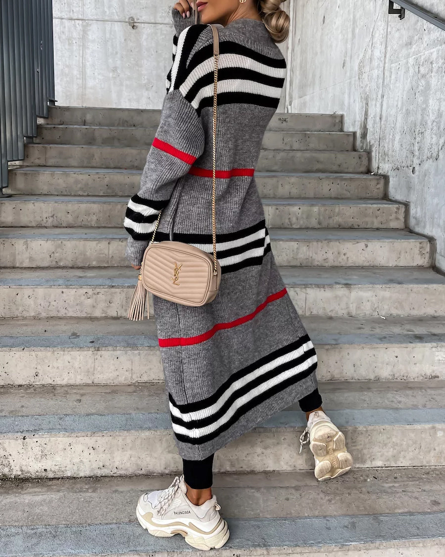 Color Block Striped Open Front Long Knit Cardigan