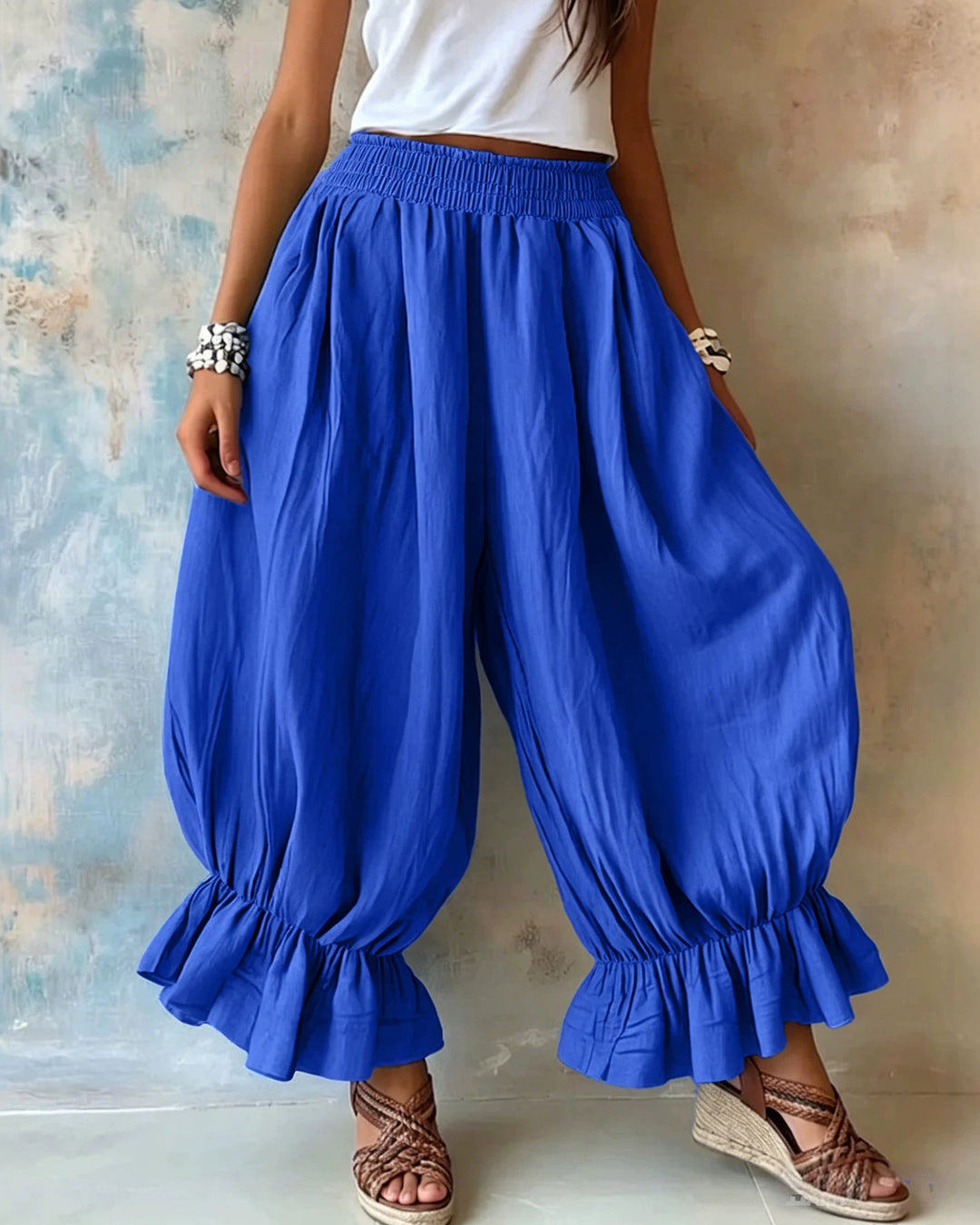 High Waist Loose Linen Blend Cropped Wide Leg Trousers
