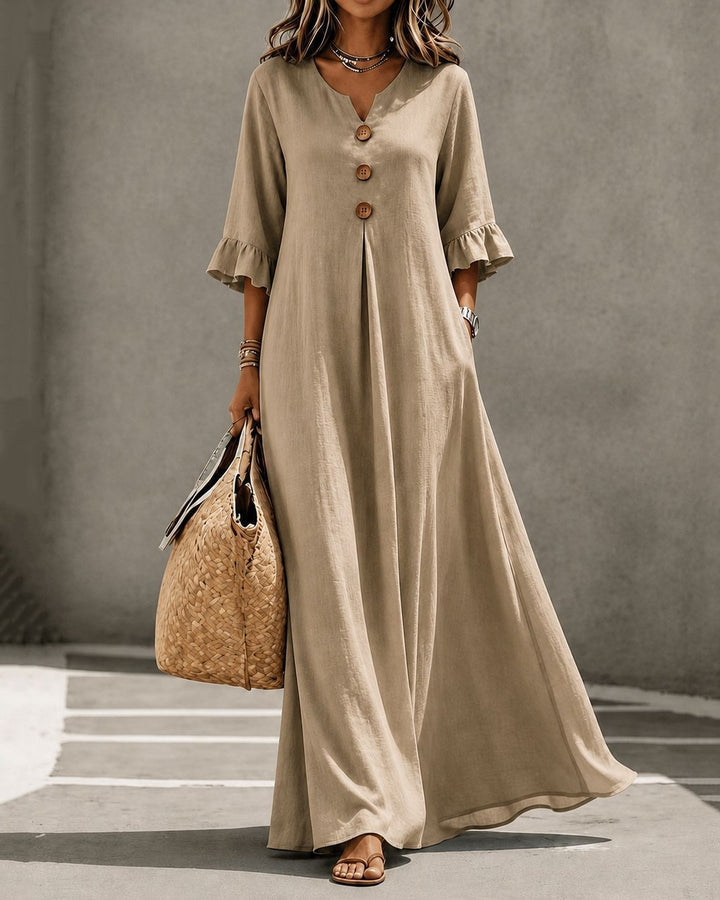 V Neck Button Ruffle Sleeve Maxi Dress With Pockets