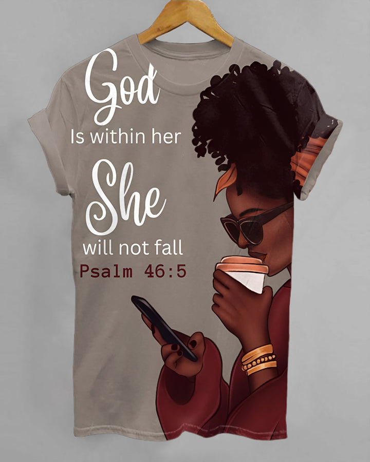 God Is Within Her Print Crew Neck Short Sleeve T-Shirt