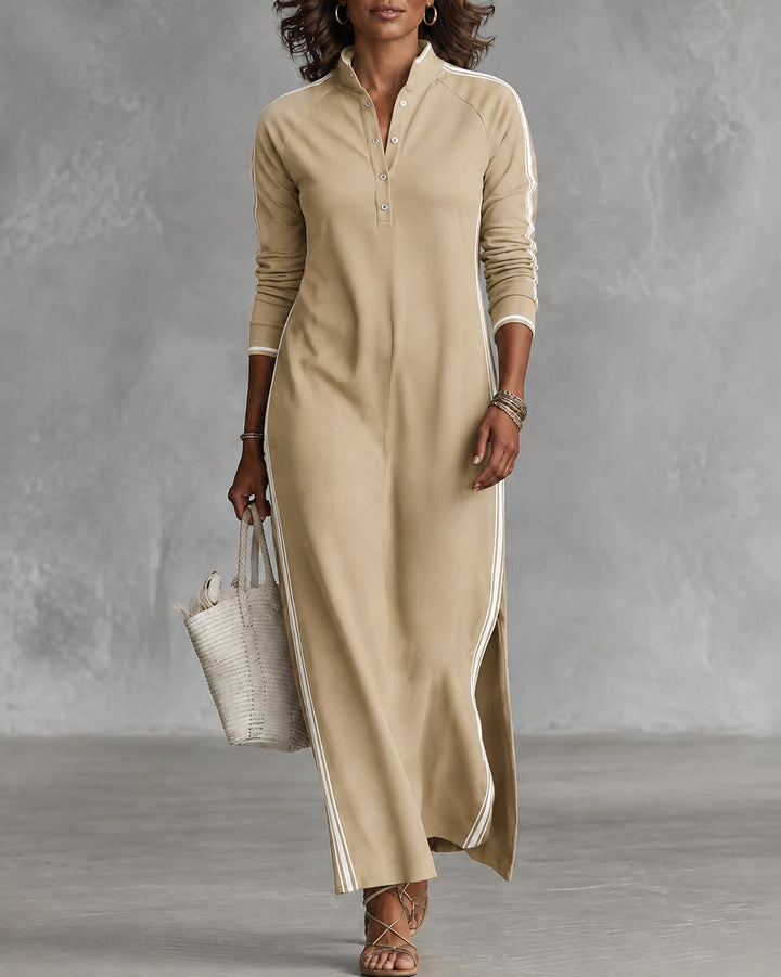 Stand-up Collar Button-down Long-sleeved Side Striped Dress