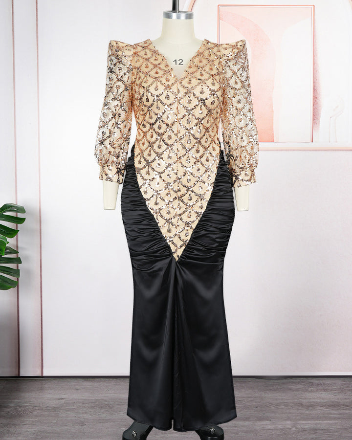 Plus Size Lace Puff Sleeve Sequin Lace Mermaid Maxi Gown Evening Dress
