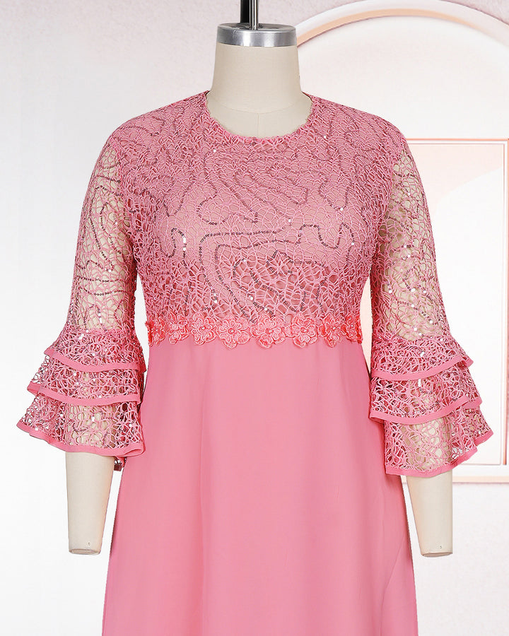 Plus Size Sequin Lace Tiered Bell Sleeve Formal Party Evening Gown