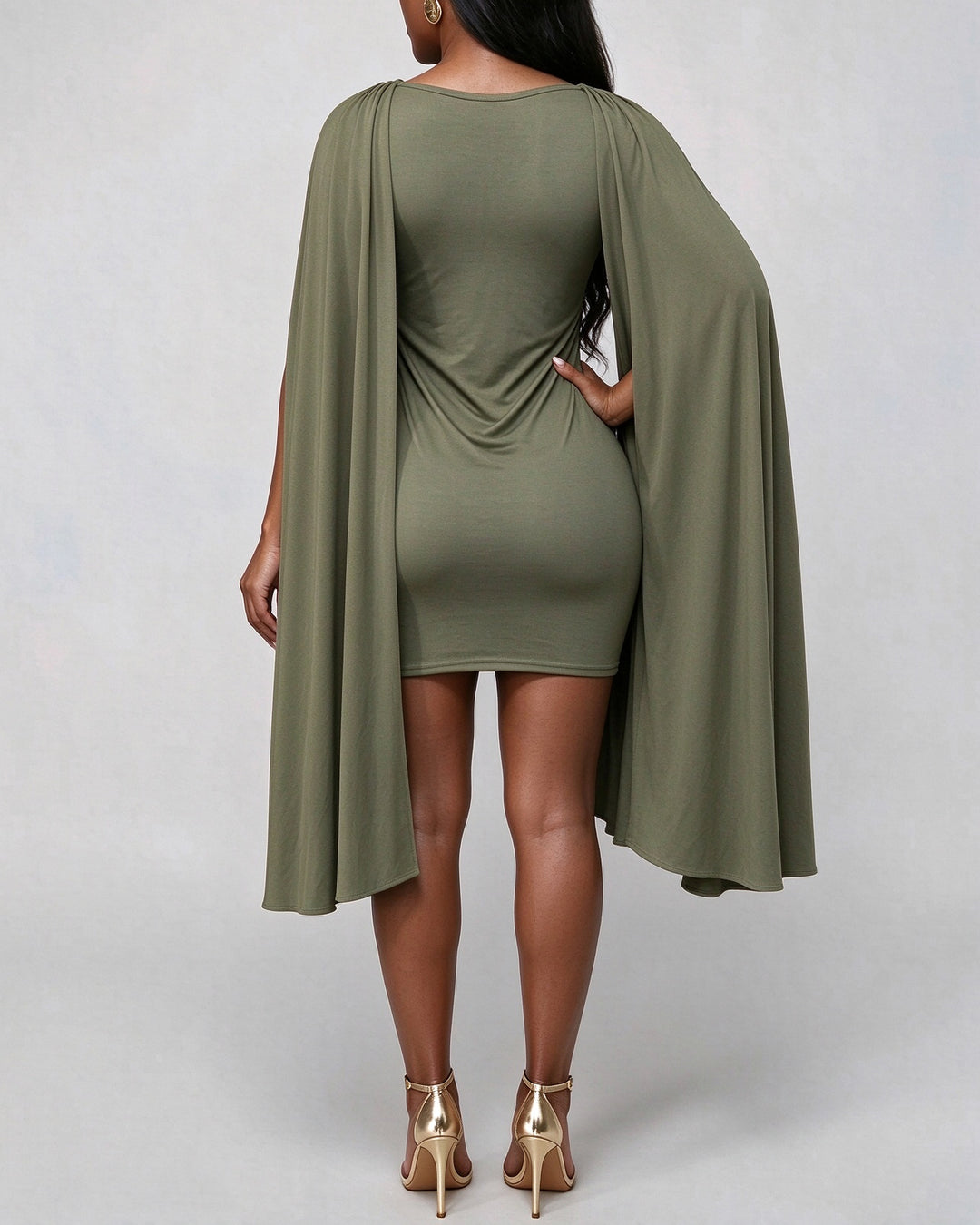 Women's Draped Cowl Neck Cape Sleeve Bodycon Mini Dress