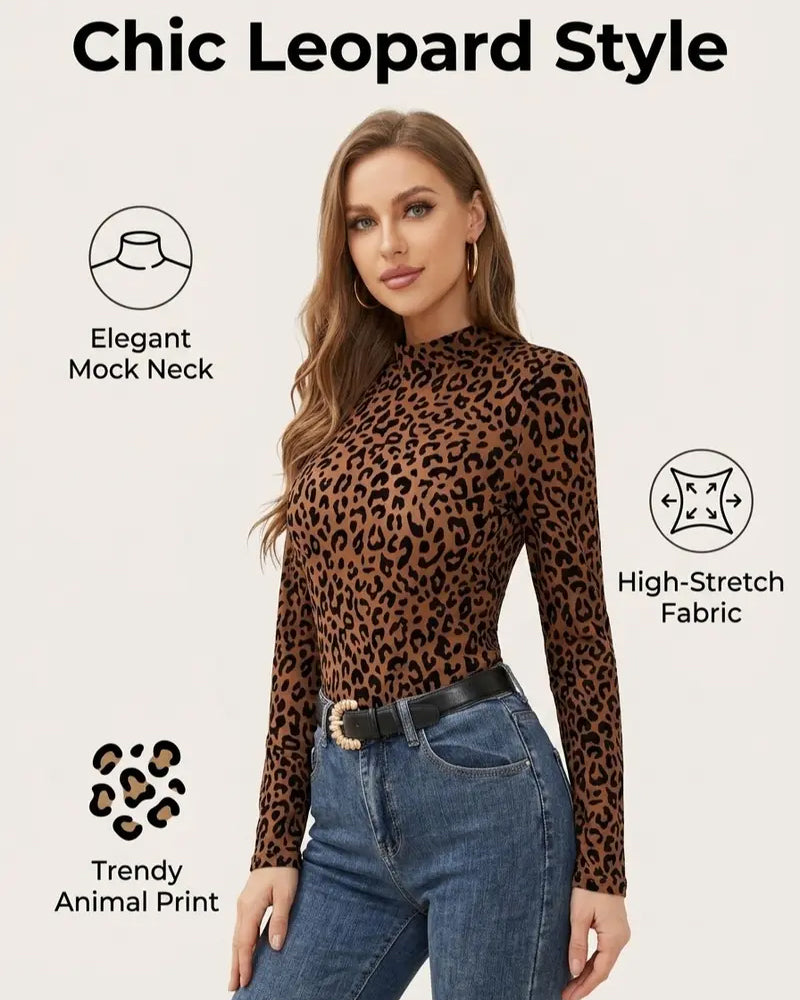 Sexy Leopard Print Crew Neck Long Sleeve Stretchy Fitted Basic Top