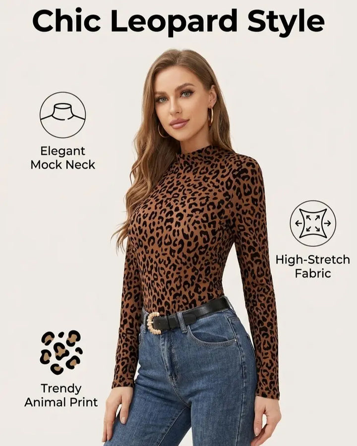Sexy Leopard Print Crew Neck Long Sleeve Stretchy Fitted Basic Top