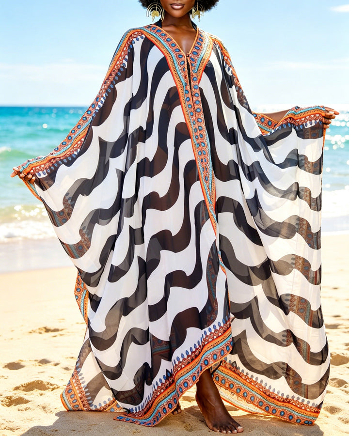 V-Neck Hawaiian Zebra Stripes Print Casual See-Through Chiffon Shirt Dress