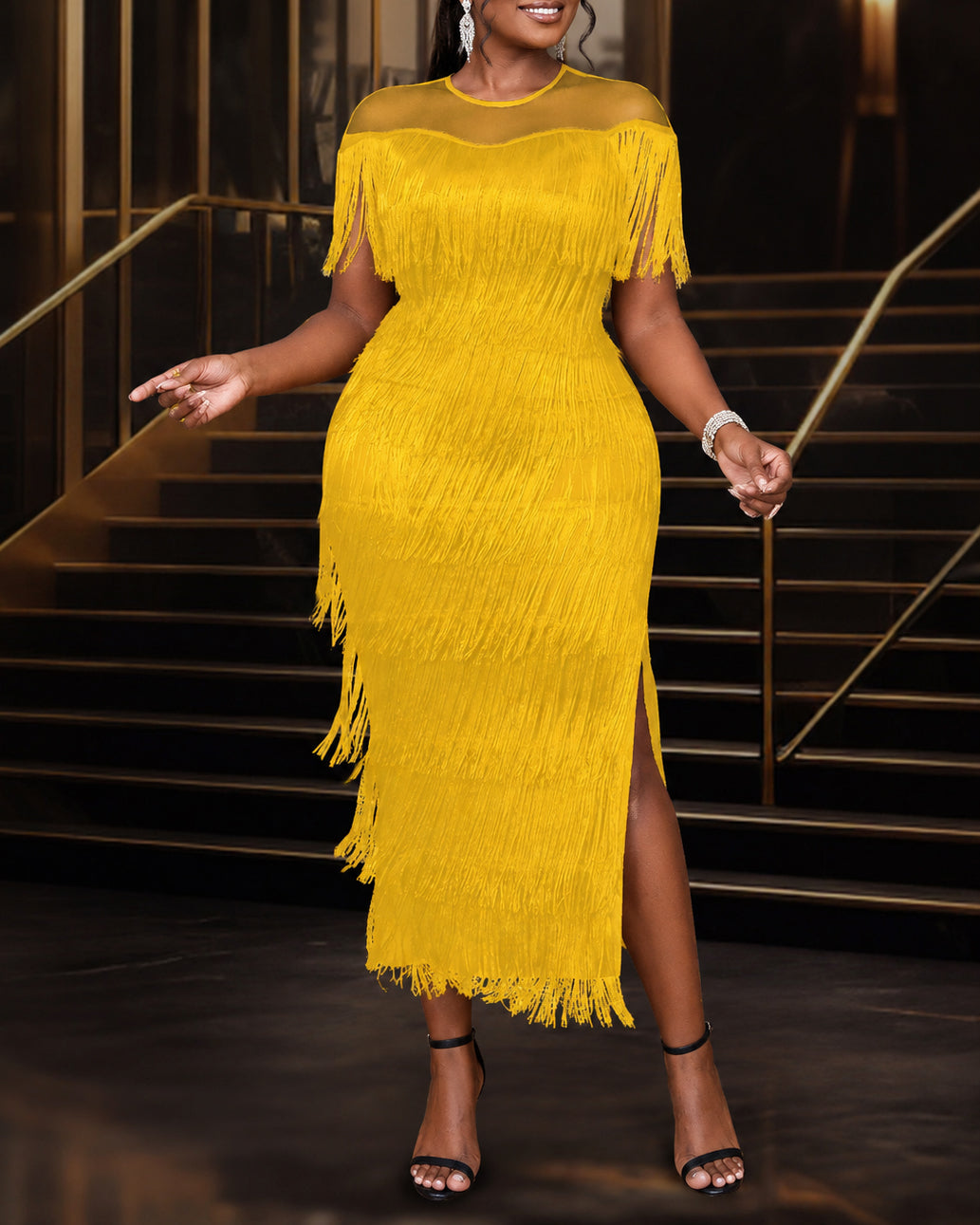 Plus Size Women Mesh Neck Tiered Fringe Midi Dress