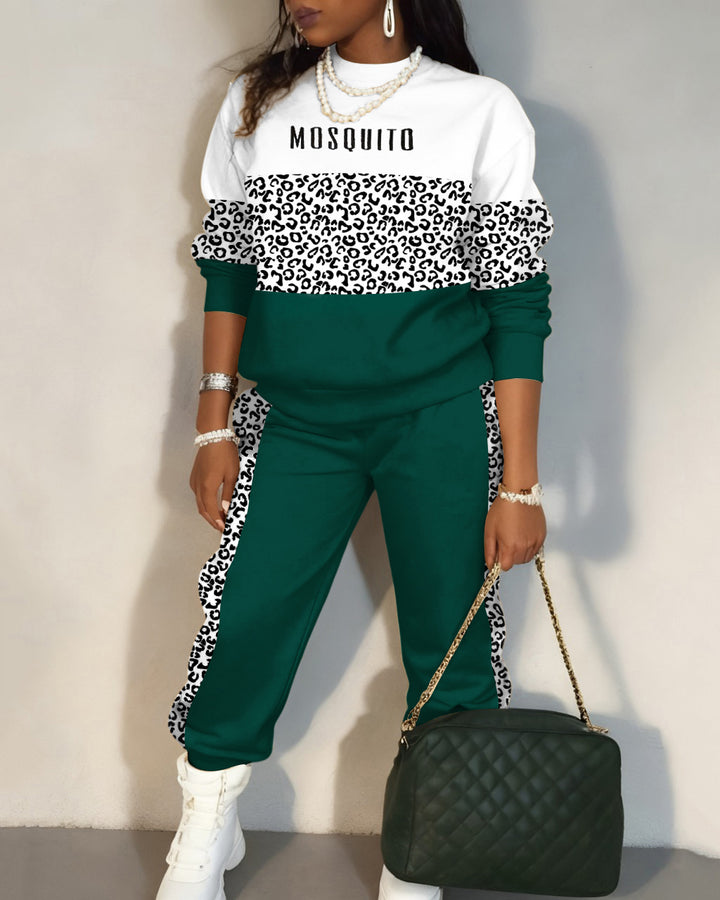 Leopard Stripe Patchwork Crew Neck Sweatshirt Two Pieces Set