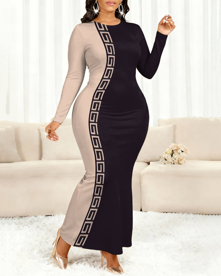 Simple Color Blocking Round Neck Long Sleeve Bodycon Dress