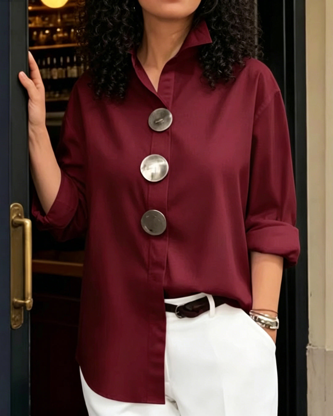 Solid Color Stand Collar Long Sleeve Shirt with Metal Buttons