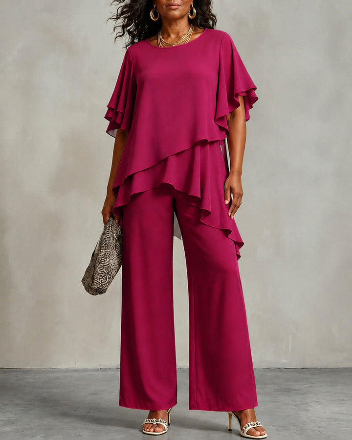 Chiffon Irregular Lace Top and Straight-leg Pants Two-piece Set