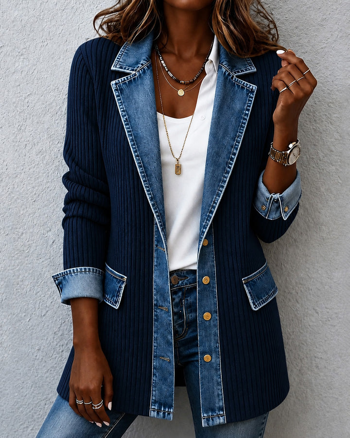 Denim-look Stretch Ribbed Knit Jacket