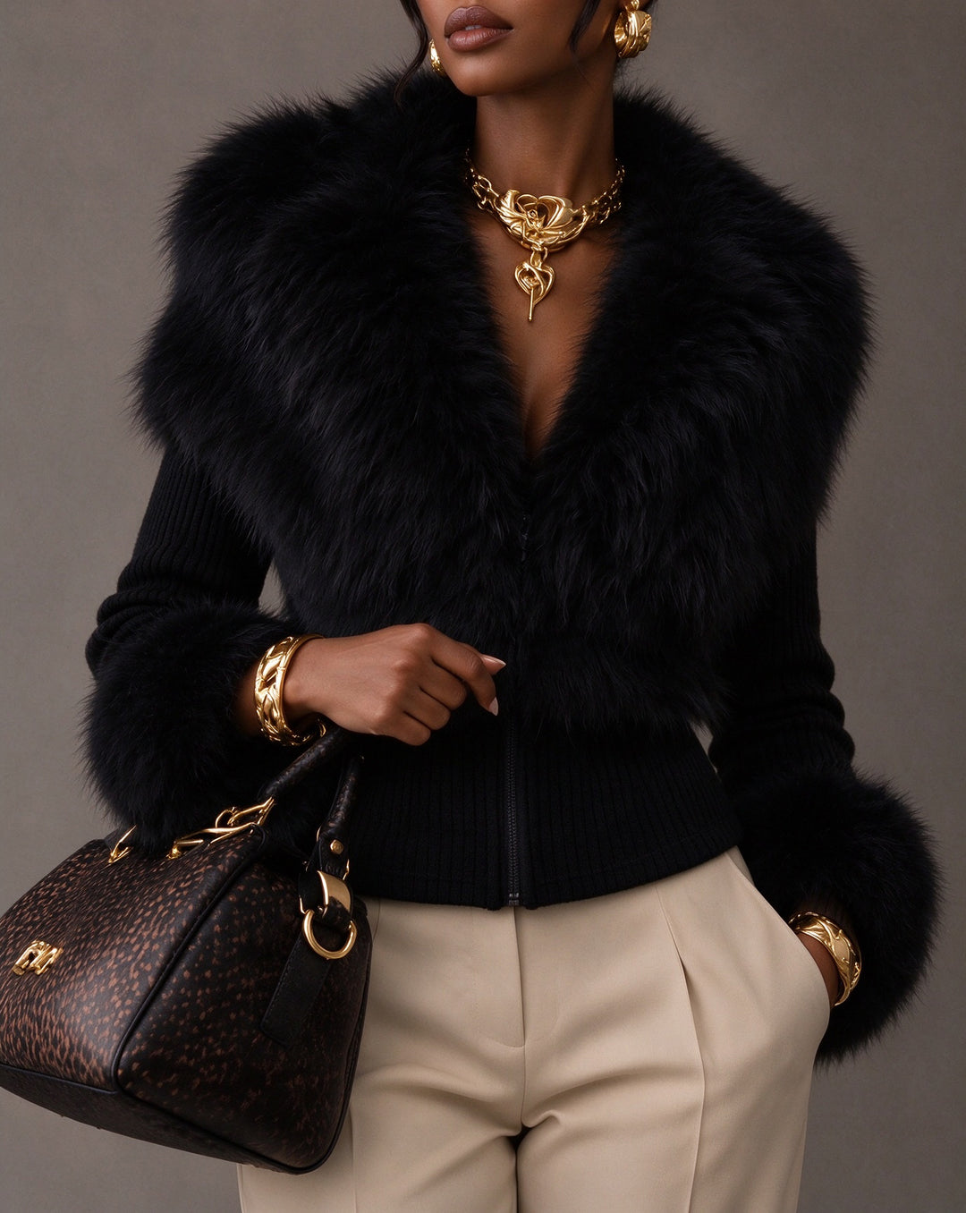 Women Faux Fur Collar & Cuff Ribbed Knit Cropped Jacket