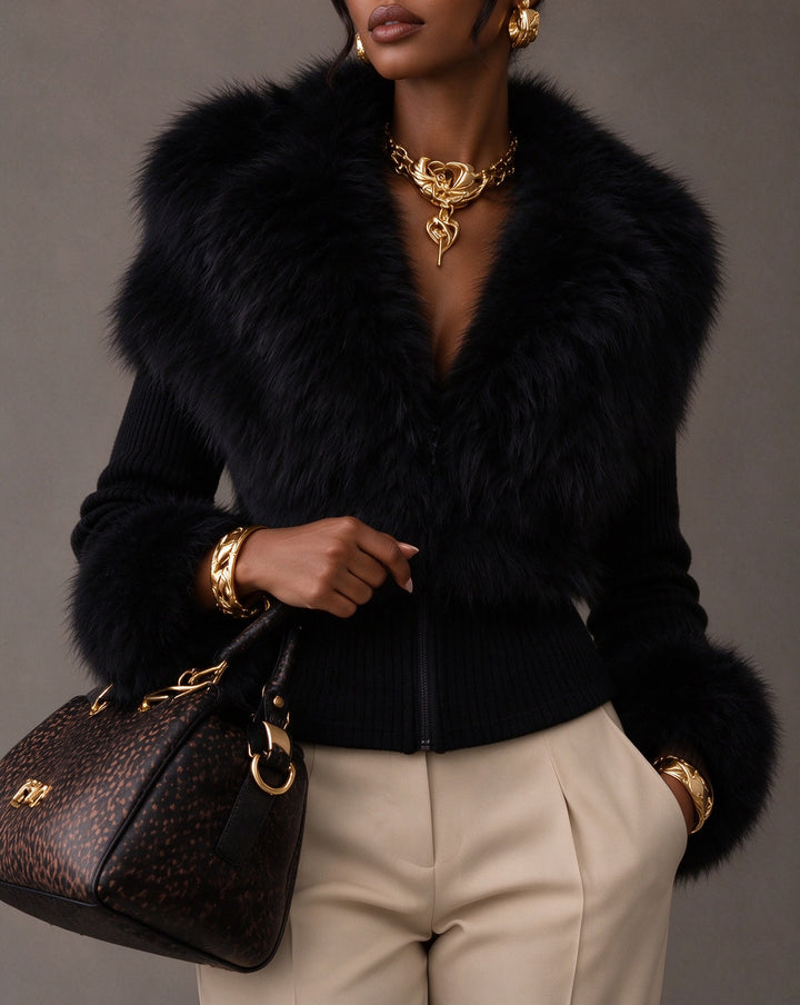 Women Faux Fur Collar & Cuff Ribbed Knit Cropped Jacket