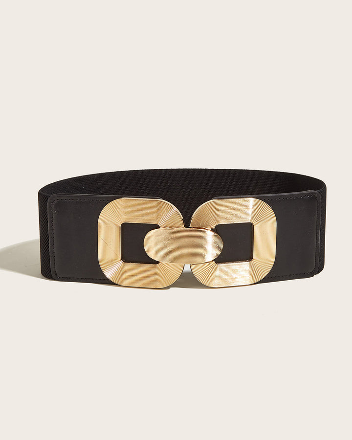 Women Wide Elastic Waist Belt Textured Gold Interlocking