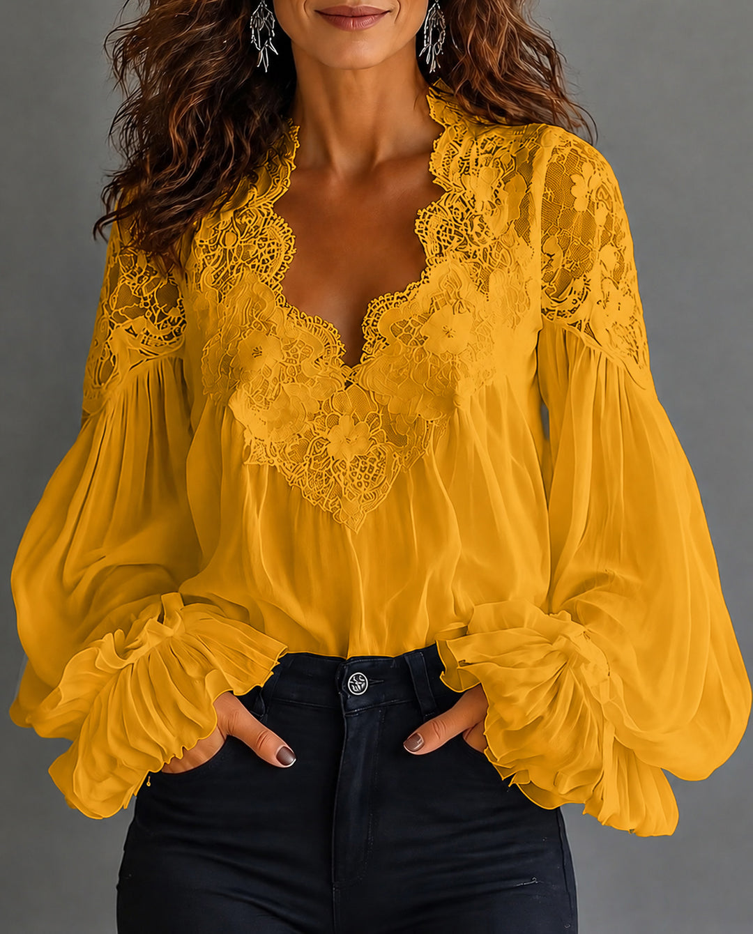 U-neck Puff Sleeve Pleated Lace-trimmed Blouses