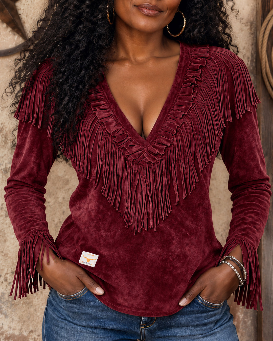 Women's Western Fringe V Neck Faux Suede  Long Sleeve Top