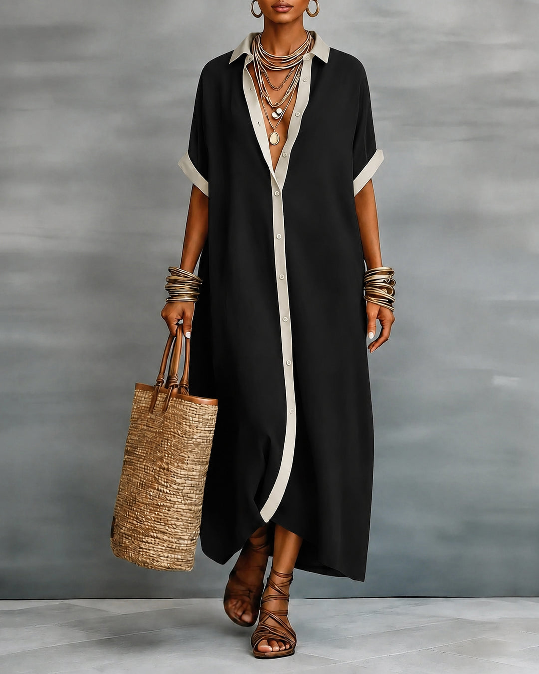 Button-down Collar Striped Color-blocked Cotton Linen Shirt Dress