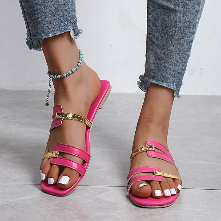 Square-toe Color-Blocked Flat Slippers