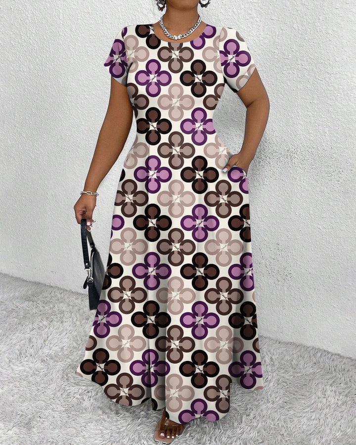 Elegant Contrasting Flowers Round Neck Short Sleeve Maxi Dress
