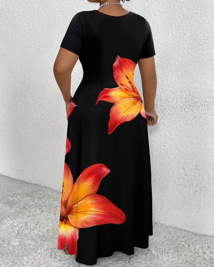 Lily Print Round Neck Short Sleeve Maxi Dress