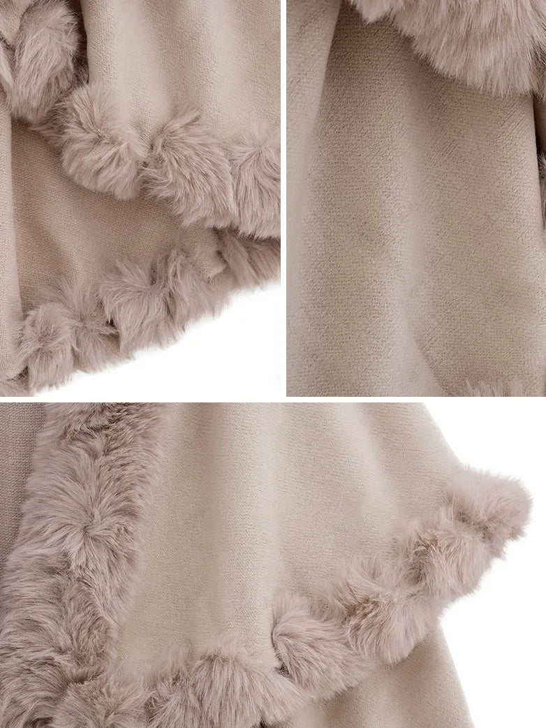 Autumn And Winter Rex Rabbit Fur Collar Double Cashmere Cape Shawl