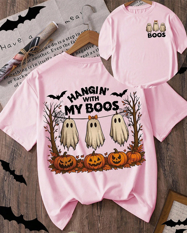 Hangin With My Boots Halloween Cotton Crew Neck Short Sleeve Tshirt