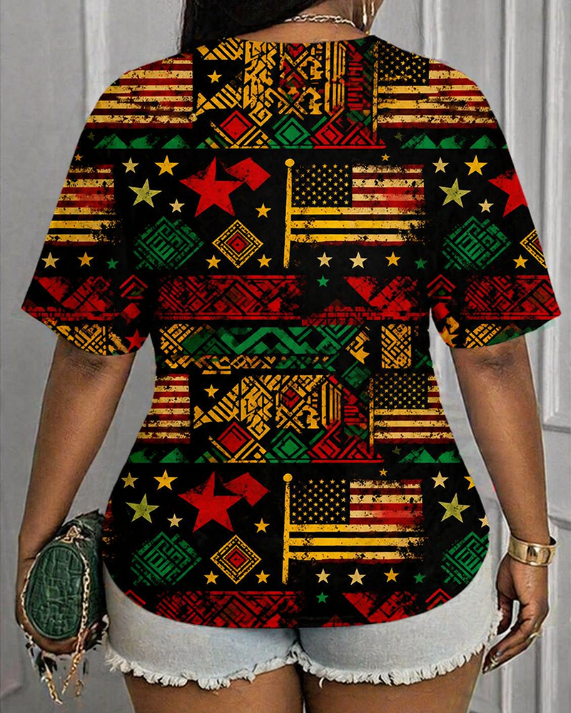 Reggae Color Matching Geometric American Flag Print Round Neck Short Sleeve Tee