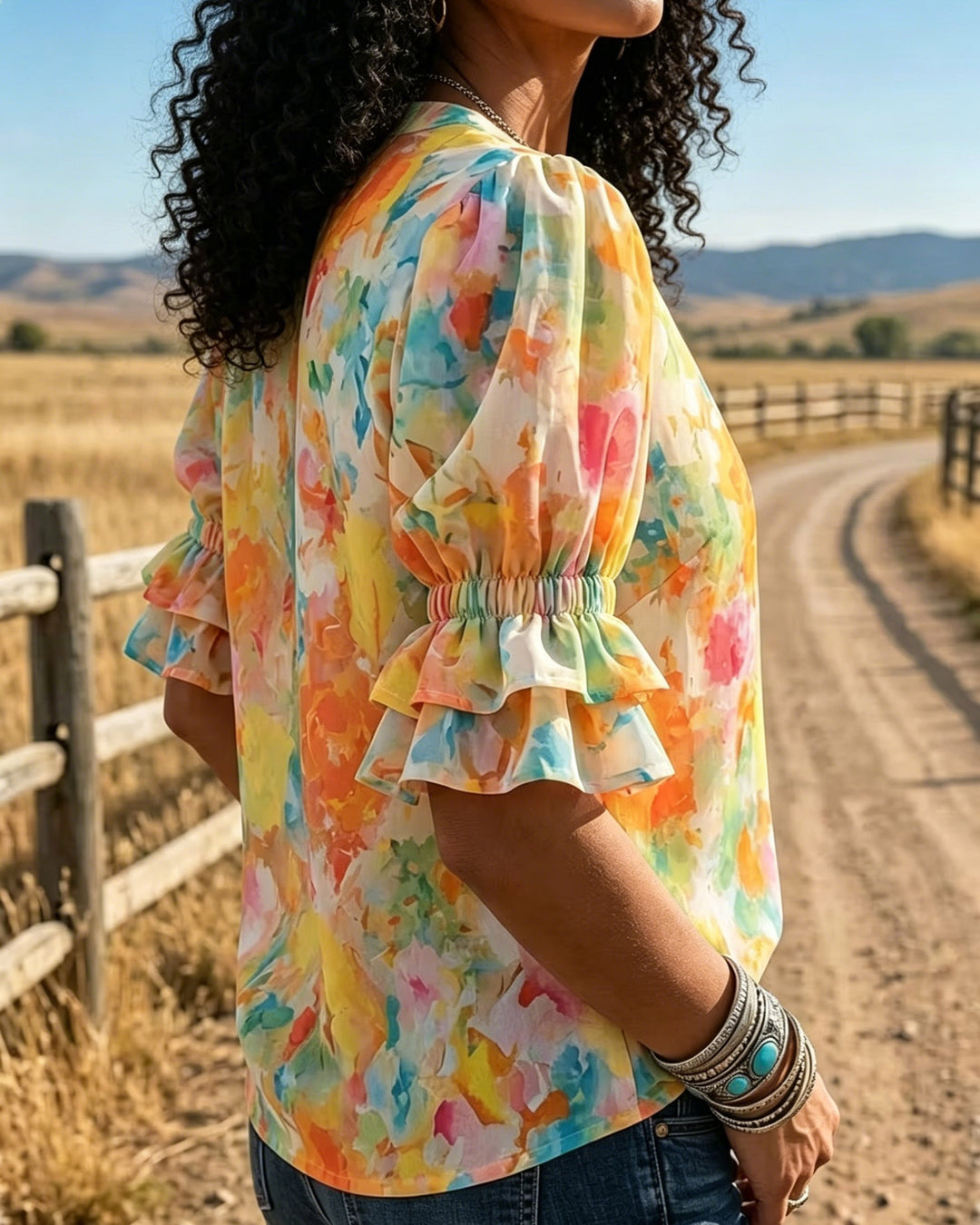 Summer Color Art Print V-neck Puff Sleeve Ruffle Shirt