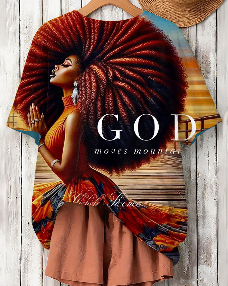 Afro-haired Praying Woman Print Crew Neck Short Sleeve T-Shirt