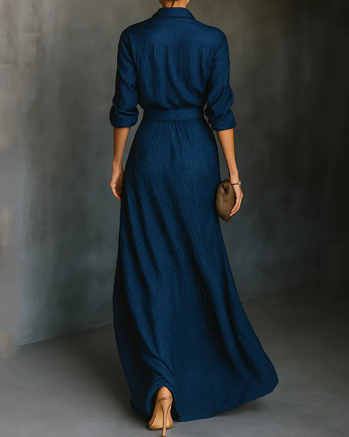 Solid Color Loose-fitting Collared Long-sleeved Shirt and Elegant Pleated Maxi Skirt Set