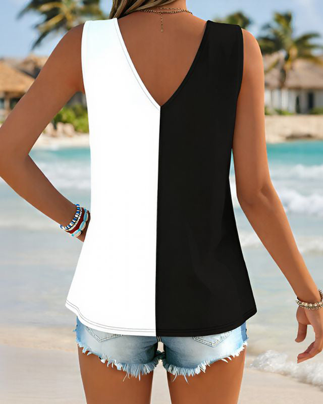 Contrasting Colors Hawaiian Coconut Trees Print Lace-up Design Casual Vest