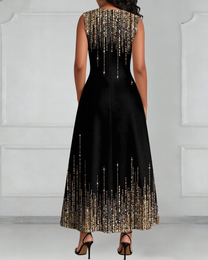 Elegant Glitter Print Sleeveless Pockets Maxi Dress