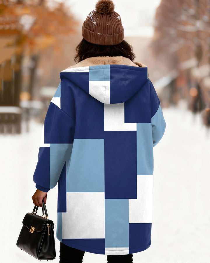 Color-blocked Plaid Print Long Sleeve Zip-Up Fleece Long Hoodies