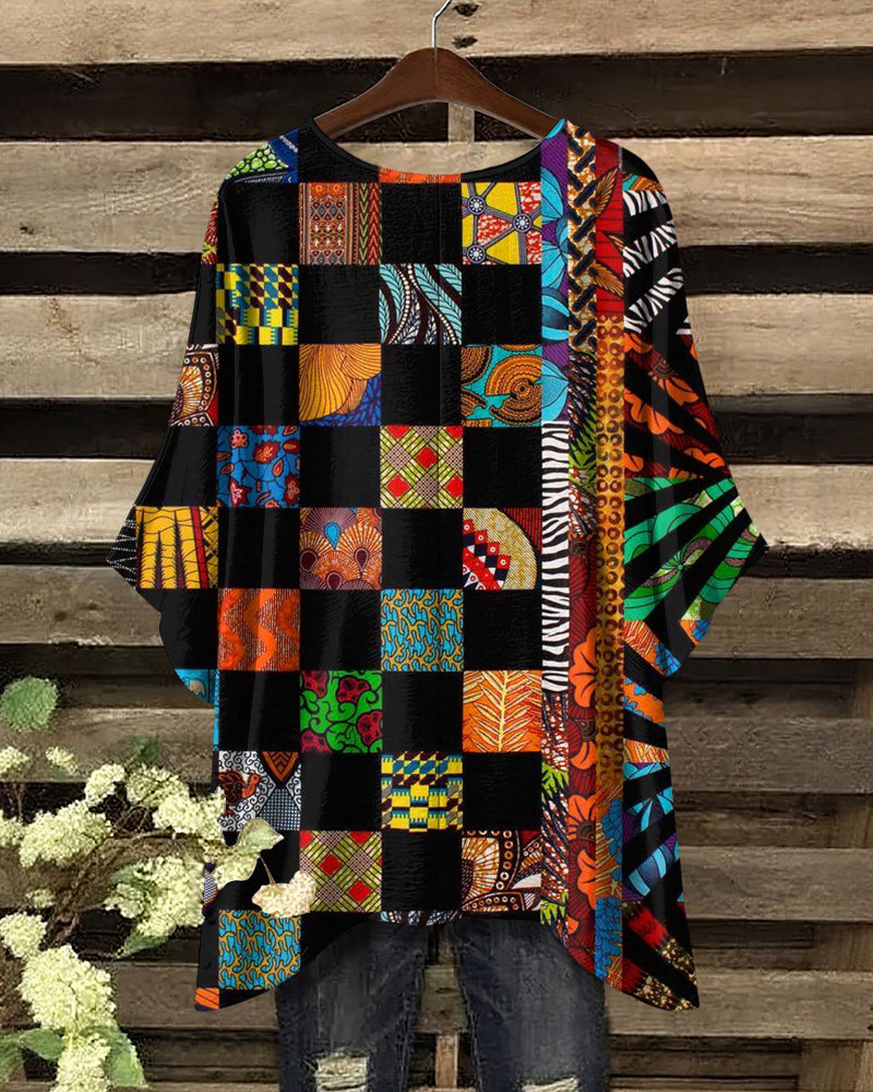 African Pattern Collage Print Round Neck Irregular Shirt