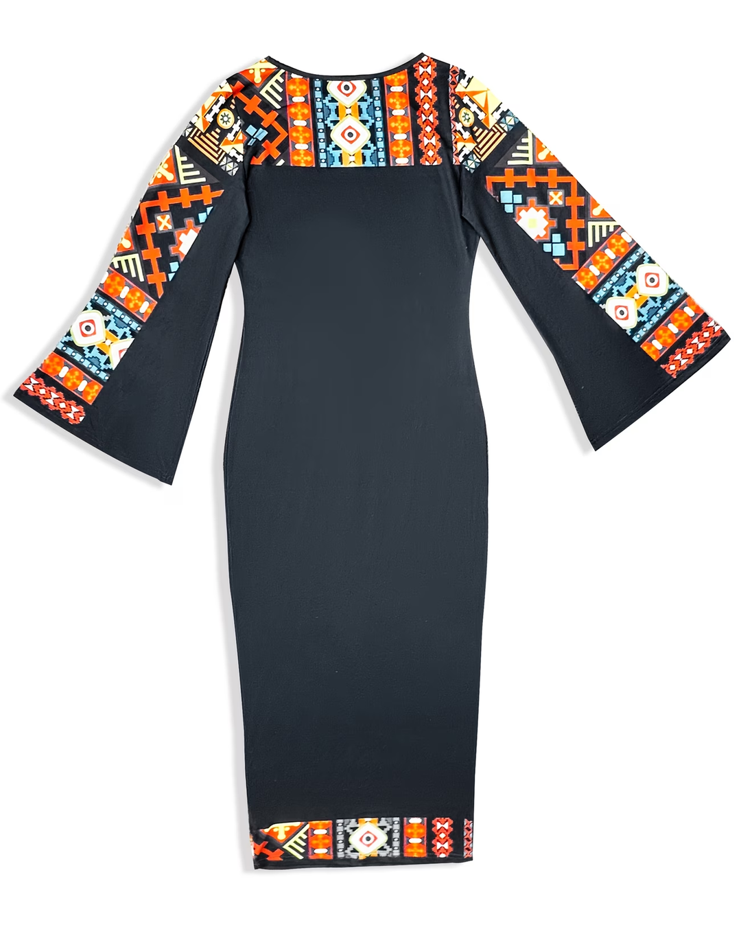 Abstract Tribal Art Round Neck Bell Sleeve Bodycon Long Dress