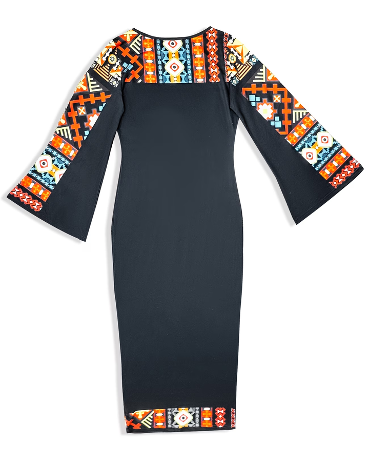 Abstract Tribal Art Round Neck Bell Sleeve Bodycon Long Dress