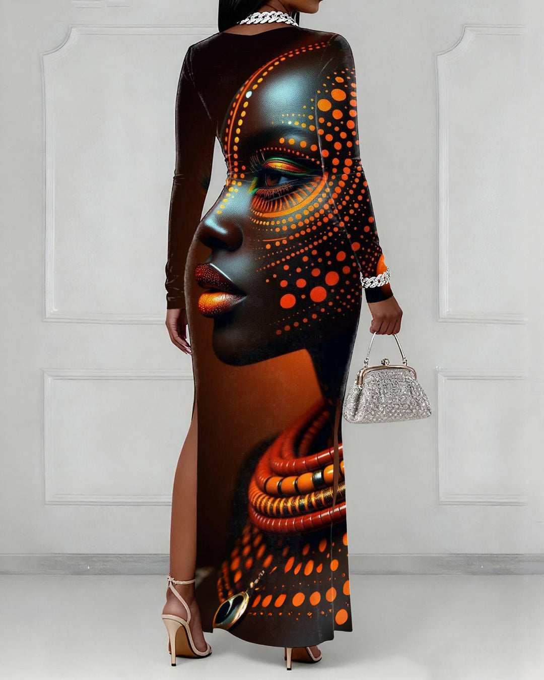 V-neck Totem Women's Art Long Sleeve Bodycon Dress