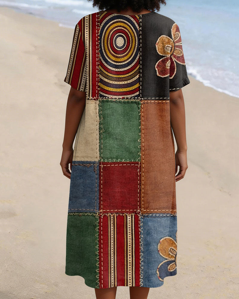 Floral Geometric Color Blocking Print V-neck Casual Cotton and Linen Dress