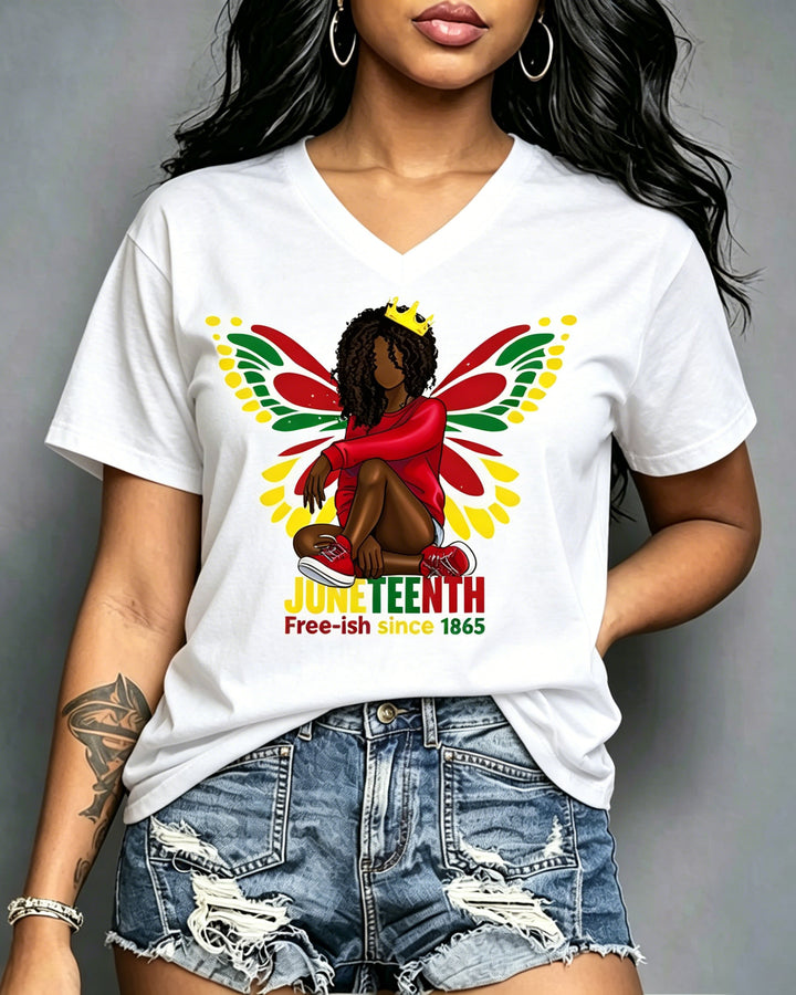 100% Cotton Juneteenth Butterfly Queen V Neck Short Sleeve Tshirt