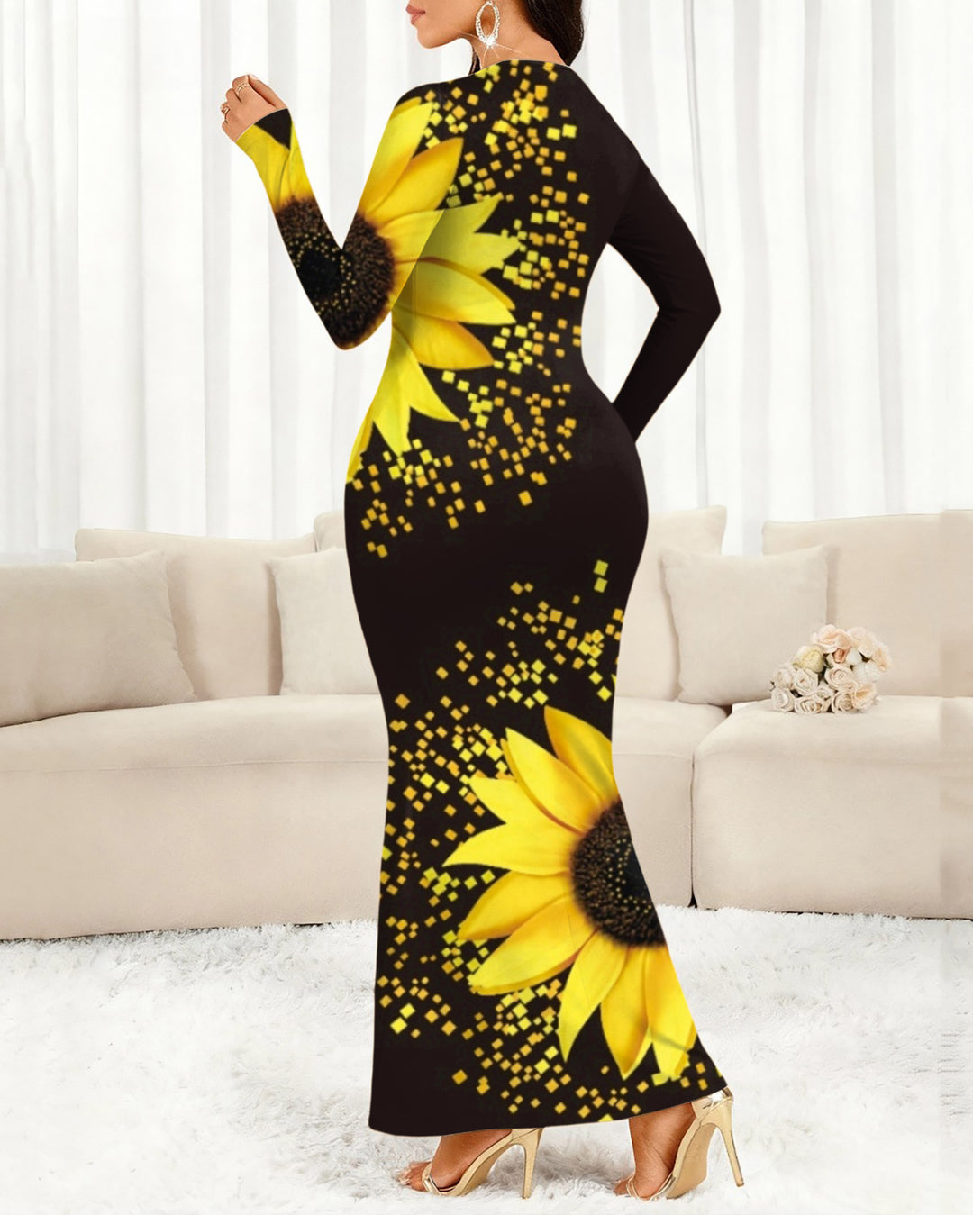 Geometric Sunflower Round Neck Long Sleeve Bodycon Dress