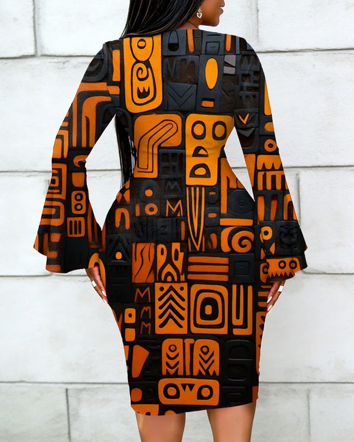 African Textile totem Prints Flared Sleeves Mini Dresses
