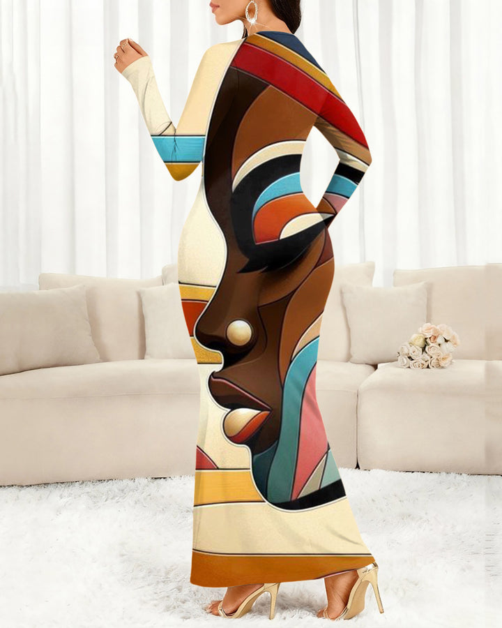 Line Face Art Round Neck Long Sleeve Bodycon Dress