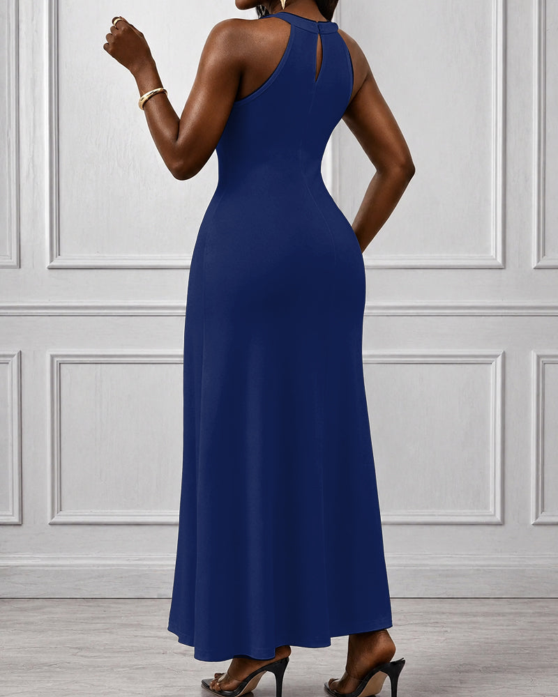 Ankara Curved Stripes Hollow-out Halter Neckline Bodycon Maxi Dress