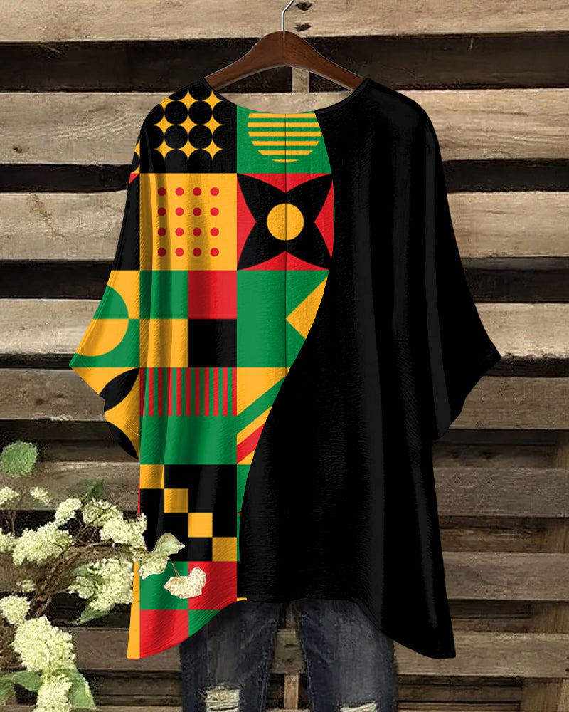 Abstract Tribal Art Round Neck Irregular Shirt